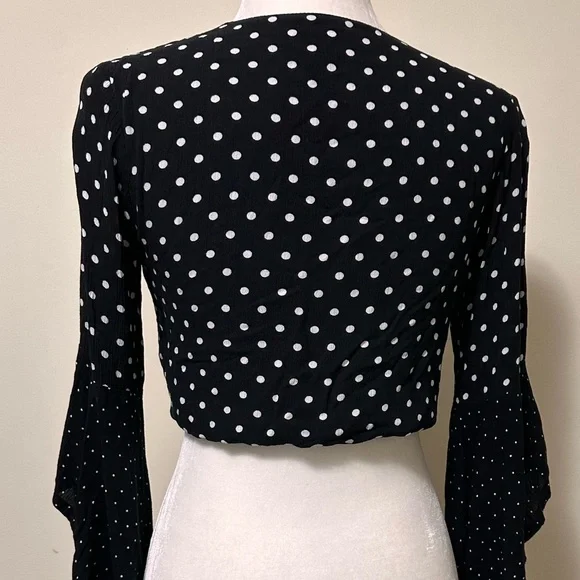 Seven Wonders Black White Spots Crop Top w Tie Wide Bell Sleeves Shirt Blouse 6 - Picture 12 of 16